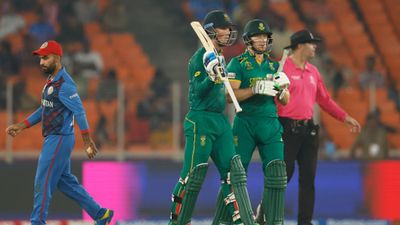 SA vs AFG: South Africa push aside Afghanistan to end league campaign with close five-wicket to meet Australia in semis South Africa's Rassie van der Dussen (left) celebrates his half century during the ICC Men's Cricket World Cup India 2023 between South Africa and Afghanistan at Narendra Modi Stadium on November 10, 2023 in Ahmedabad, India. (Getty Images)