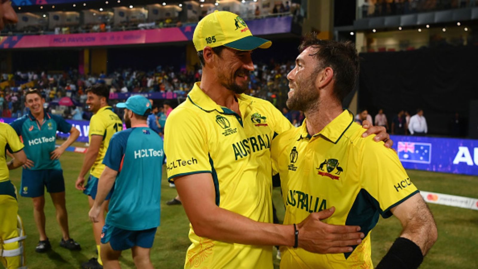 AUS vs BAN: Pat Cummins elects to field as Glenn Maxwell, Mitchell Starc miss out in dead-rubber clash against Bangladesh Mitchell Starc and Glenn Maxwell of Australia celebrate following the ICC Men's Cricket World Cup India 2023 between Australia and Afghanistan at Wankhede Stadium on November 07, 2023 in Mumbai, India.