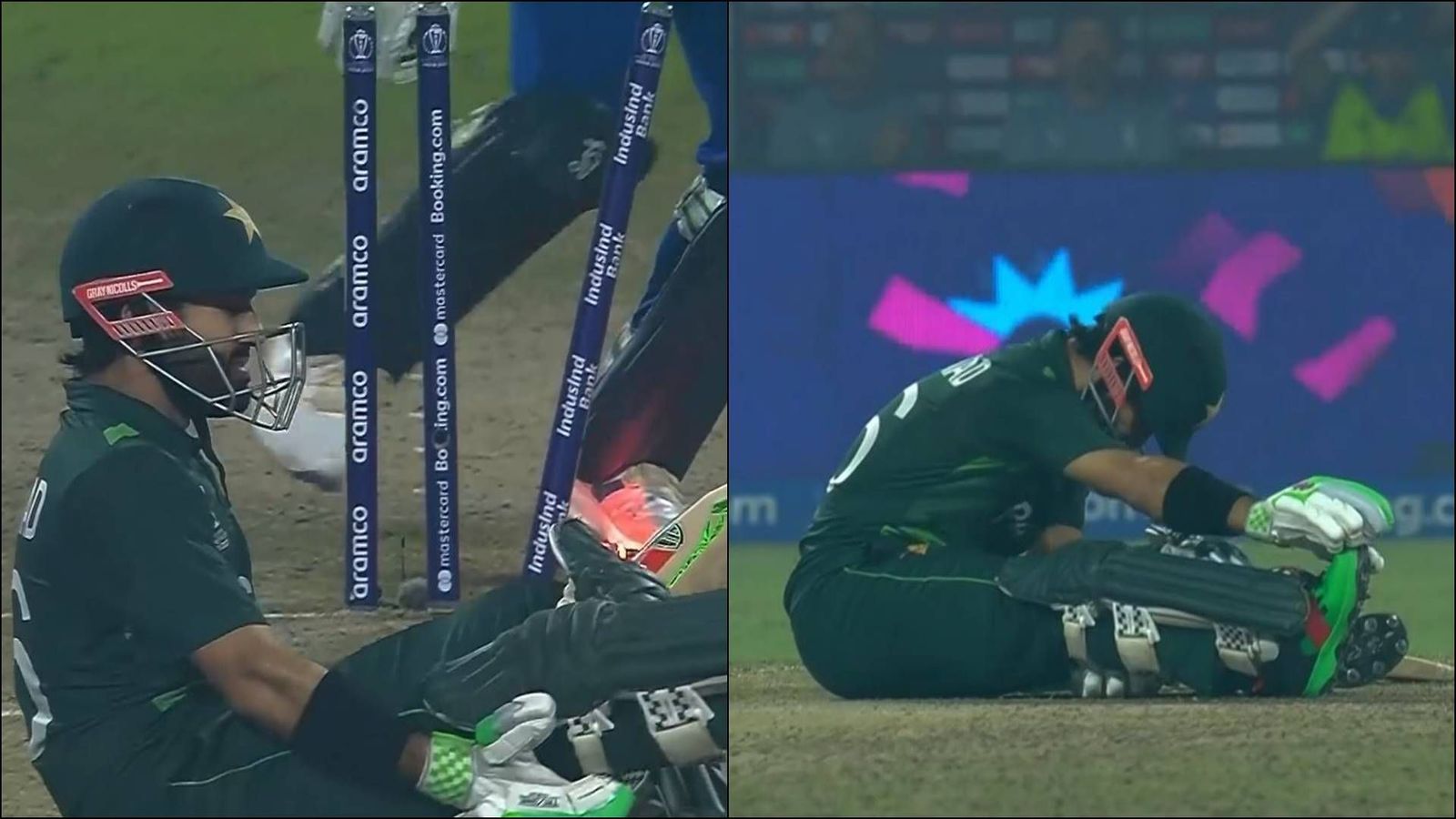Real cramps or acting? Mohammad Rizwan falls on the ground in weird fashion after getting bowled, watch video Mohammad Rizwan falls on the ground after getting bowled (Screengrab: Hotstar)