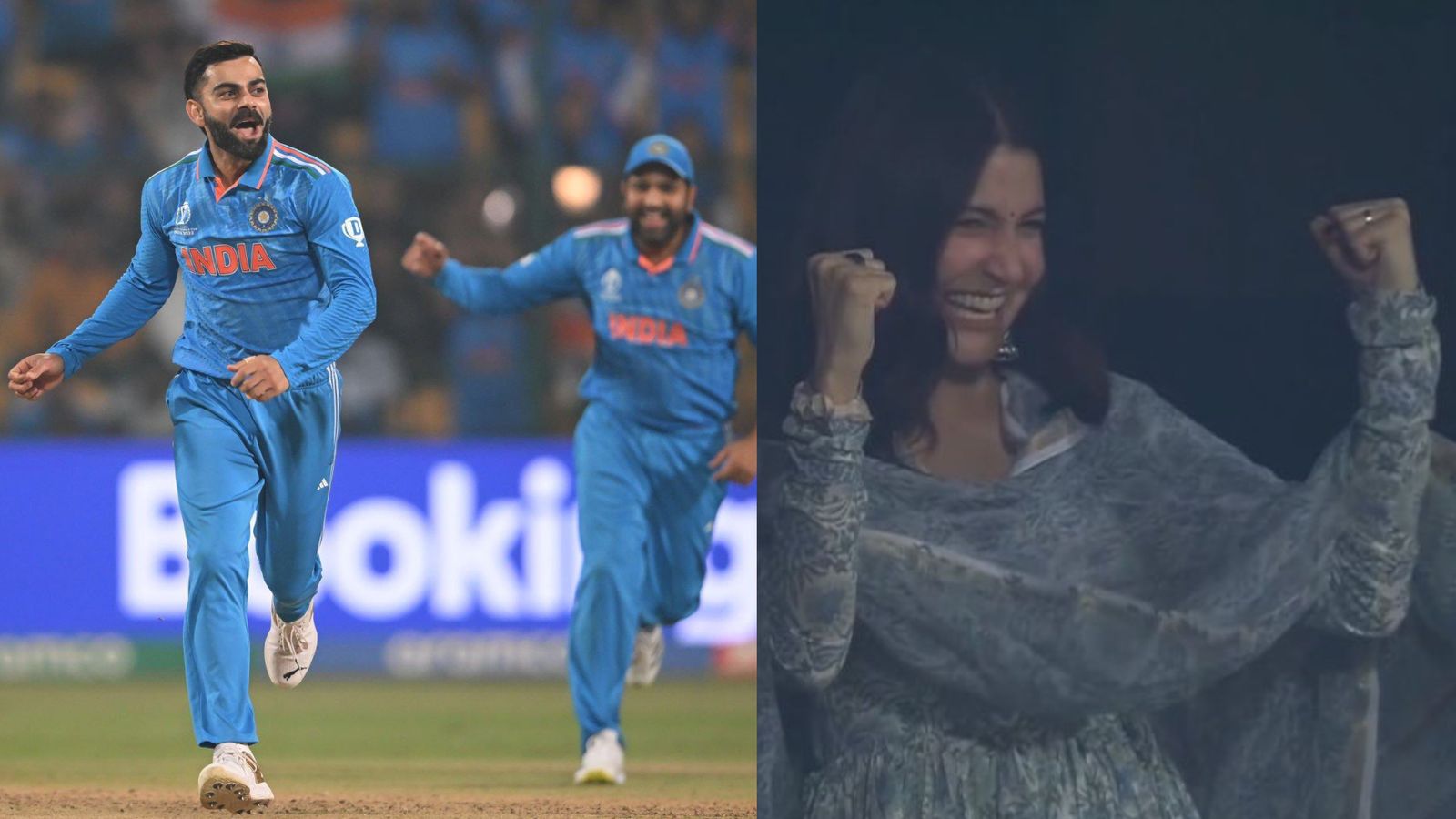 WATCH: Virat Kohli, the wrong-footed inswinging menace, lights up Chinnaswamy with maiden World Cup wicket, Anushka's reaction is unmissable Virat Kohli (left) and his wife Anushka celebrate the dismissal of Scott Edwards during India vs Netherlands World Cup clash.