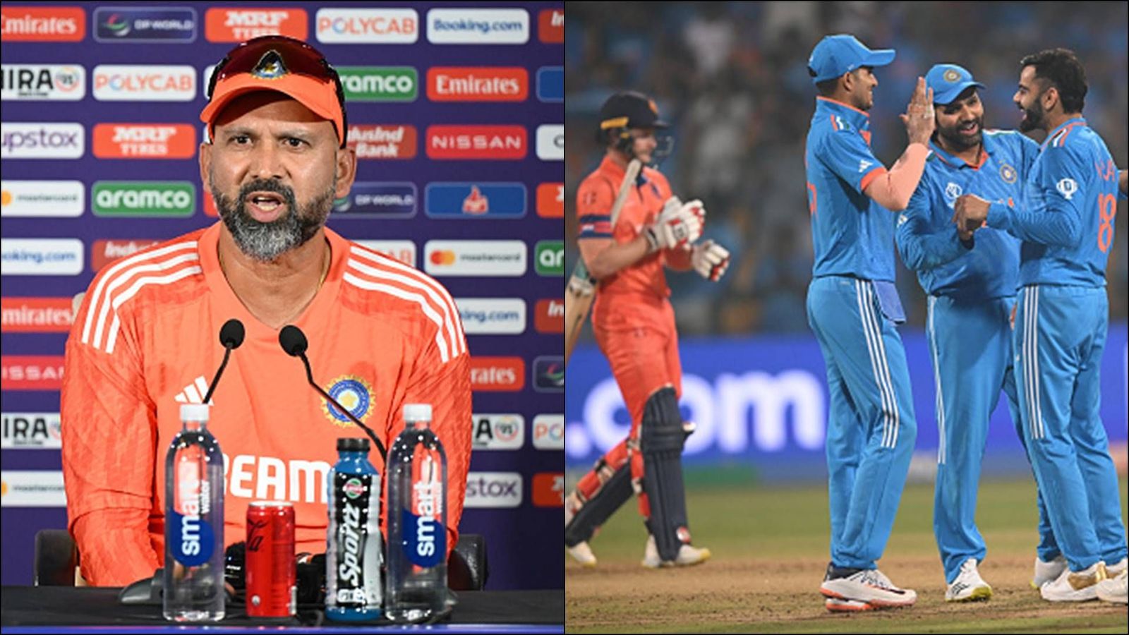 'I had a chat with Rohit on how could we use Virat': India bowling coach Paras Mhambrey lauds Kohli's setup to dismiss Dutch captain India bowling coach Paras Mhambrey in a press conference (left) and Virat Kohli celebrating his maiden ODI World Cup wicket (right) (Getty Images)
