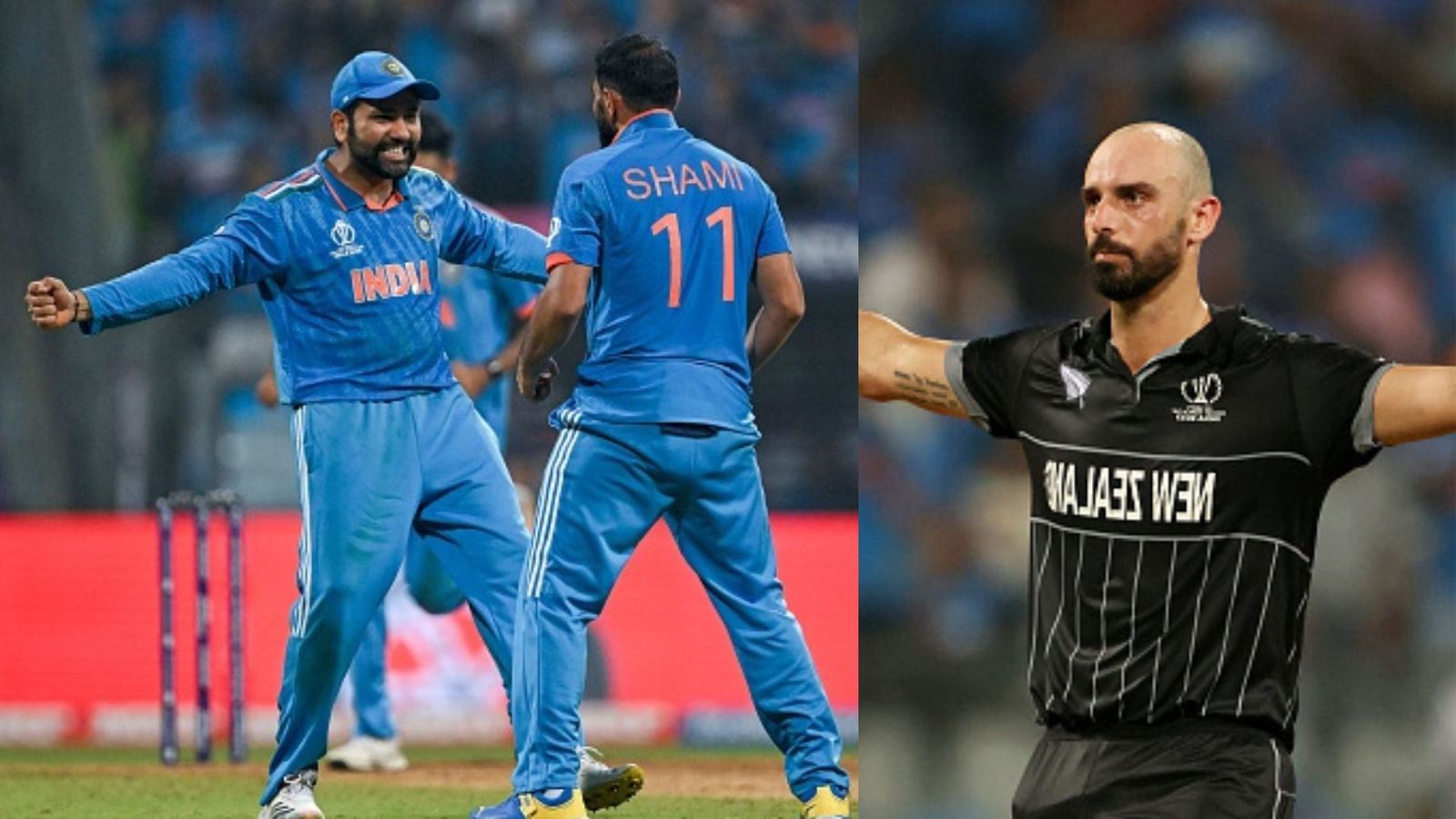 ‘Not surprised to see…’: Daryl Mitchell expresses no shock at India's aggressive style in the World Cup semifinal India's captain Rohit Sharma (L) and Mohammed Shami (M) and New Zealand batter Daryl Mitchell (R) in this frame. (Getty)