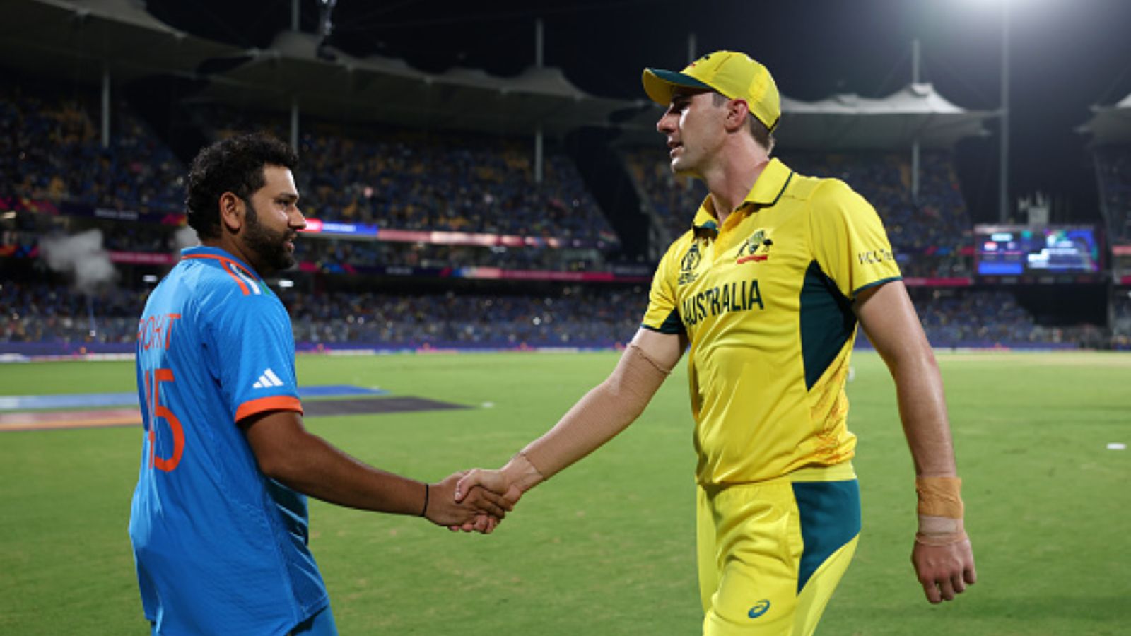 'Australia have a genuine chance of overturning India': Former England skipper pips five-time champions to beat favourites India India skipper Rohit Sharma and Australia skipper Pat Cummins shake hands following the ODI World Cup 2023 at MA Chidambaram Stadium on October 08.