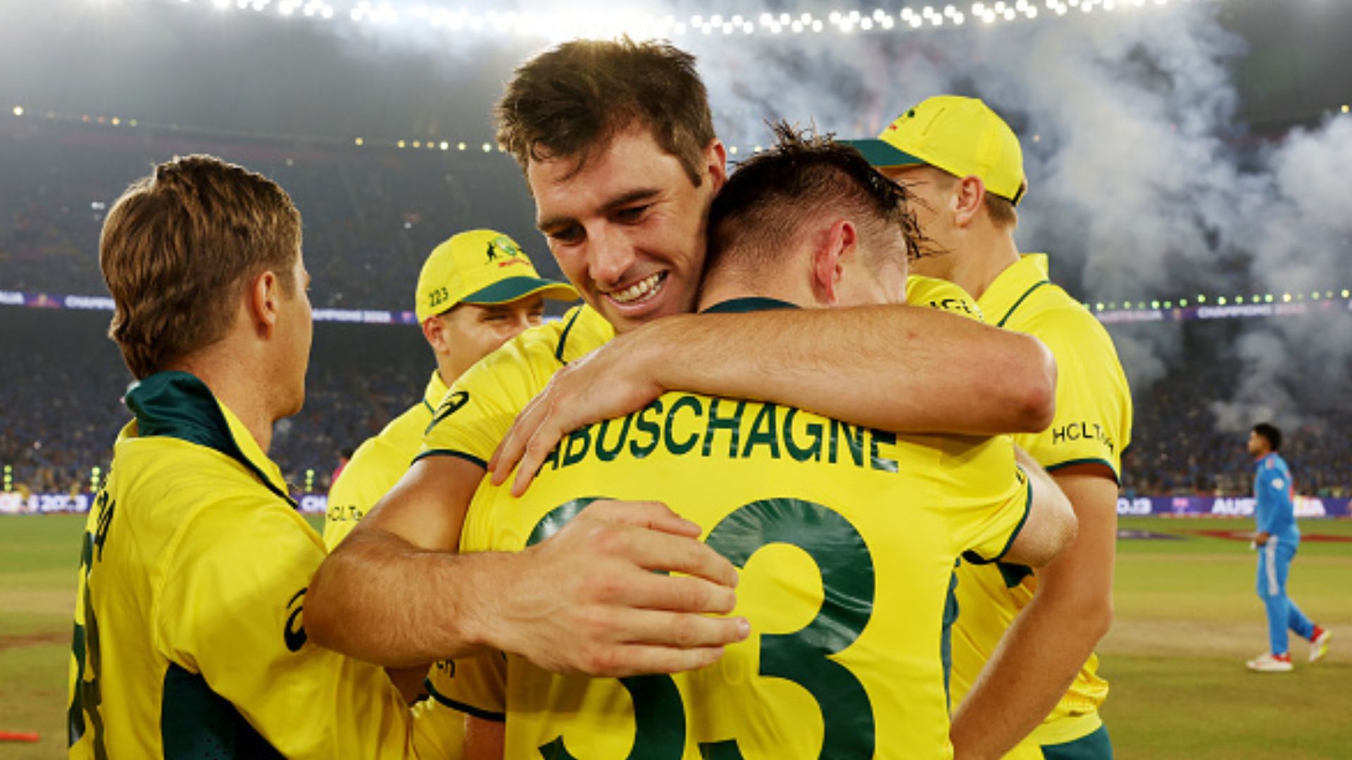'Two months ago, I wasn't even in...': Teary-eyed Labuschagne opens his heart out after Australia clinch 6th World Cup title Pat Cummins and Marnus Labuschagne of Australia celebrate following the ICC Men's Cricket World Cup India 2023 Final between India and Australia at Narendra Modi Stadium on November 19, 2023 in Ahmedabad, India. (Getty Images)