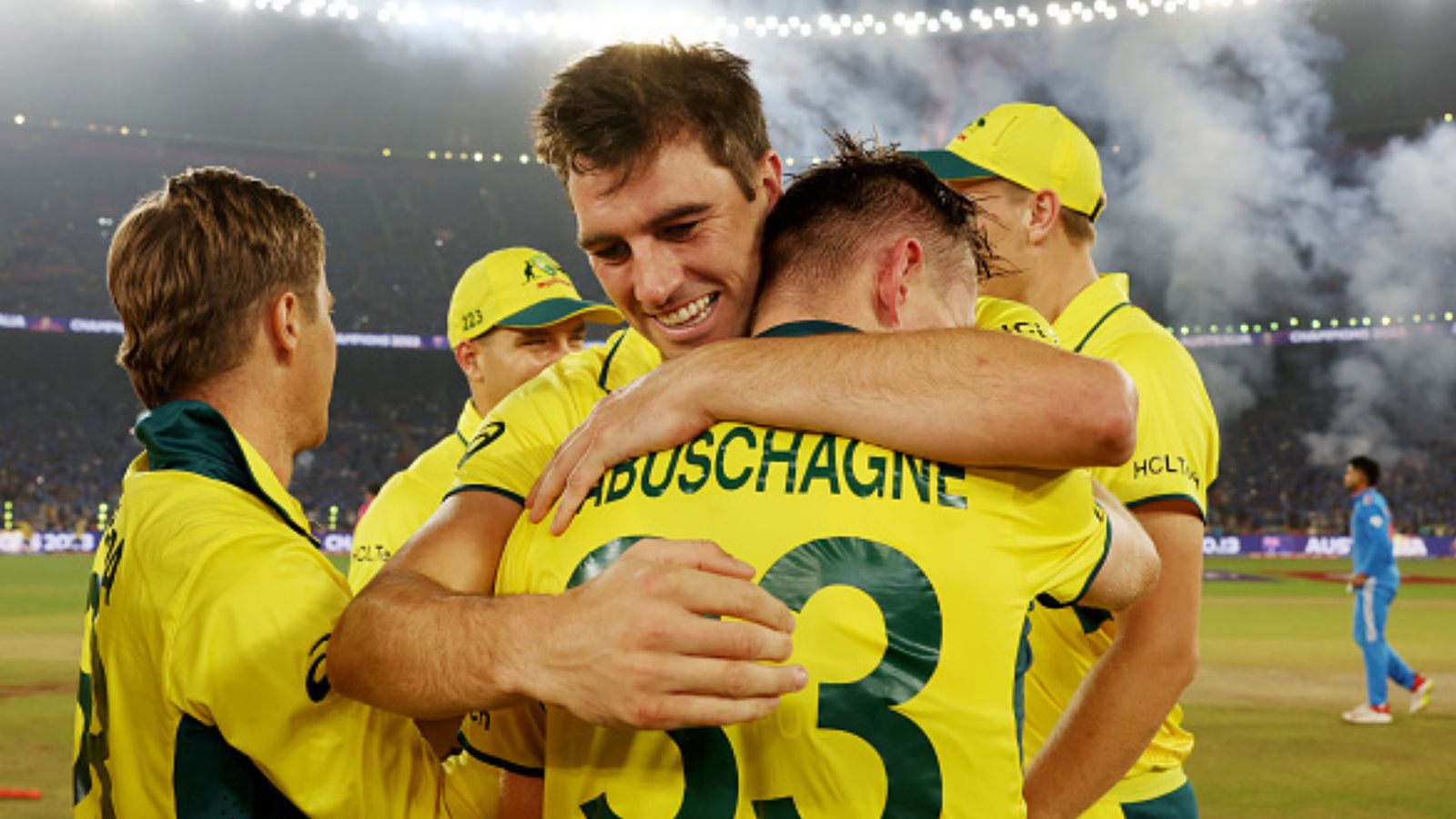 'Two months ago, I wasn't even in...': Teary-eyed Labuschagne opens his heart out after Australia clinch 6th World Cup title Pat Cummins and Marnus Labuschagne of Australia celebrate following the ICC Men's Cricket World Cup India 2023 Final between India and Australia at Narendra Modi Stadium on November 19, 2023 in Ahmedabad, India. (Getty Images)