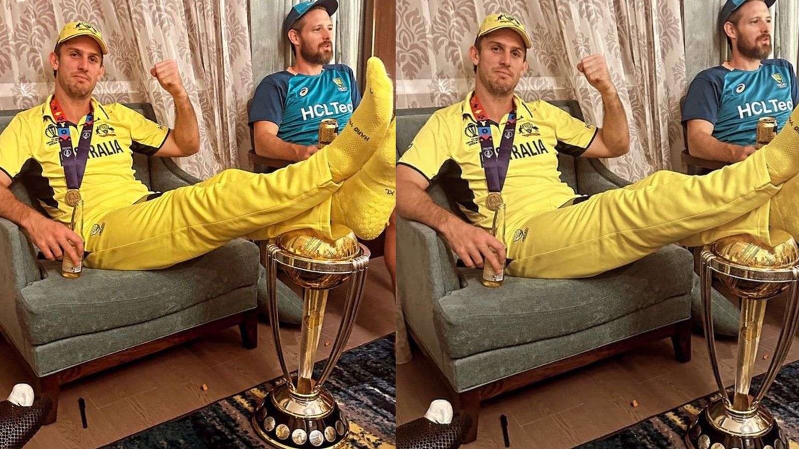 Mitchell Marsh poses with feet over World Cup 2023 trophy and beer in hand, faces internet's wrath Mitchell Marsh poses with the ODI World Cup 2023 trophy.