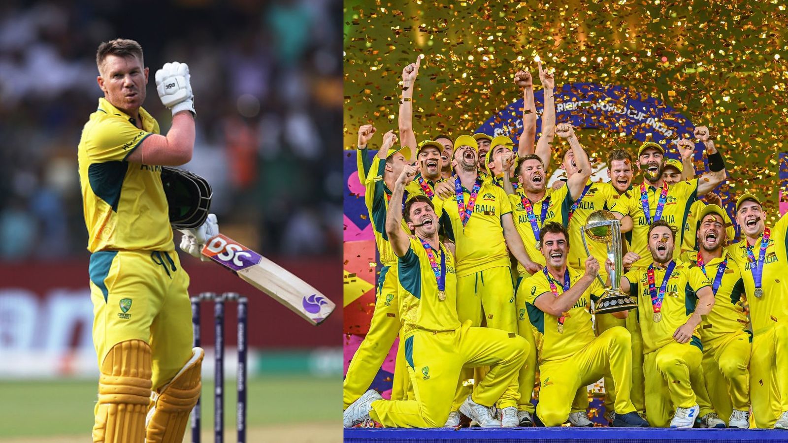 Watch: David Warner celebrates World Cup victory in his unique Pushpa style after defeating India Australia captain Pat Cummins lifts the Cricket World Cup with teammates after winning the ICC Men's Cricket World Cup India 2023 Final between India and Australia at Narendra Modi Stadium on November 19, 2023 in Ahmedabad, India. (Getty Images)
