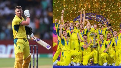 Watch: David Warner celebrates World Cup victory in his unique Pushpa style after defeating India Australia captain Pat Cummins lifts the Cricket World Cup with teammates after winning the ICC Men's Cricket World Cup India 2023 Final between India and Australia at Narendra Modi Stadium on November 19, 2023 in Ahmedabad, India. (Getty Images)