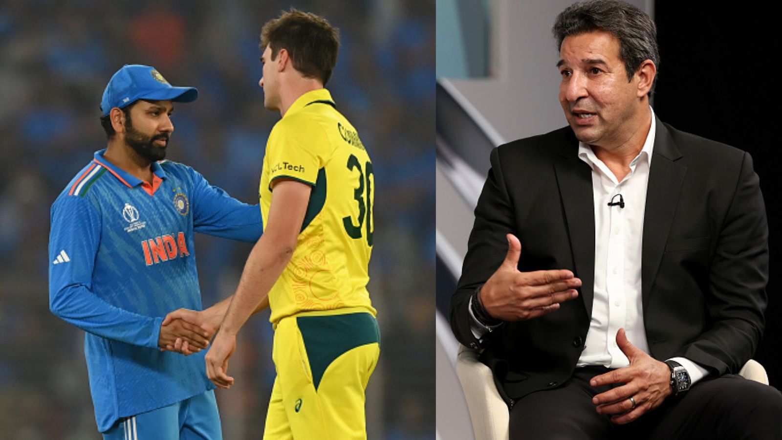 Wasim Akram reveals Australia's biggest gameplan that scripted India's defeat in World Cup final, says 'they must have...' Left: India skipper Rohit Sharma shakes hand with Australia captain Pat Cummins after World Cup final. Right: Former Pakistan skipper Wasim Akram. (Getty)