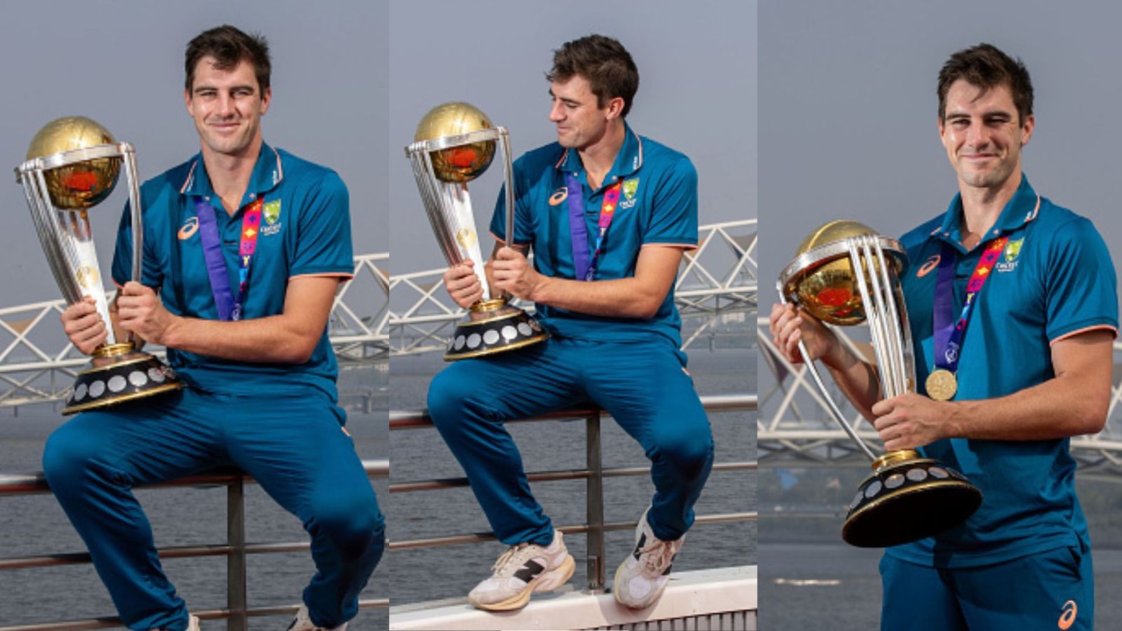 Pat Cummins poses with World Cup trophy on Sabarmati River cruise after beating India in final: See photos Australia Captain Pat Cummins poses with the ODI World Cup Trophy near the Atal Bridge on the Sabarmati Riverfront on November 20, 2023 in Ahmedabad, India. (Getty Images)
