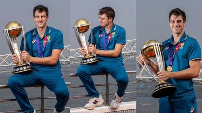 Pat Cummins poses with World Cup trophy on Sabarmati River cruise after beating India in final: See photos Australia Captain Pat Cummins poses with the ODI World Cup Trophy near the Atal Bridge on the Sabarmati Riverfront on November 20, 2023 in Ahmedabad, India. (Getty Images)
