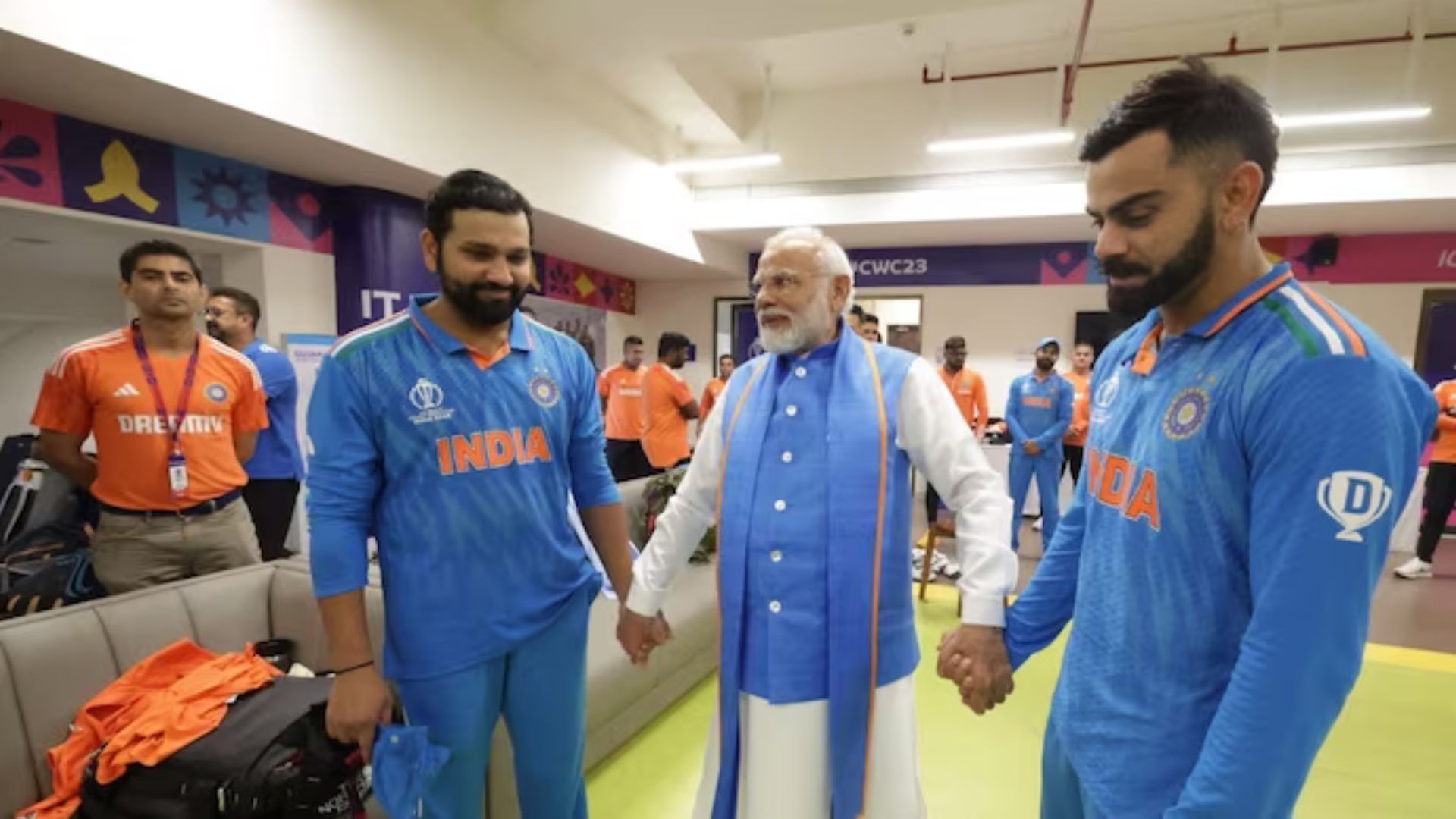 PM Narendra Modi consoles India team in dressing room after World Cup final loss to Australia PM Narendra Modi consoles India team in dressing room after World Cup final loss to Australia
