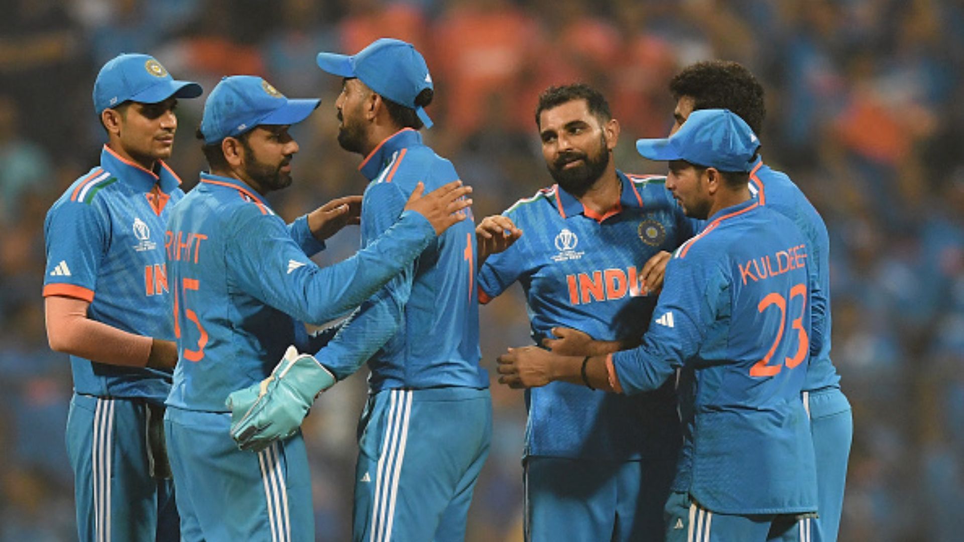Not Rohit Sharma or Virat Kohli: Ex-Pakistan captain names standout player for India during 2023 ODI World Cup Mohammed Shami (4th L) of India is congratulated after the dismissal of Lockie Ferguson as India won the ICC Men's Cricket World Cup India 2023 Semi Final match between India and New Zealand at Wankhede Stadium on November 15, 2023 in Mumbai, India.