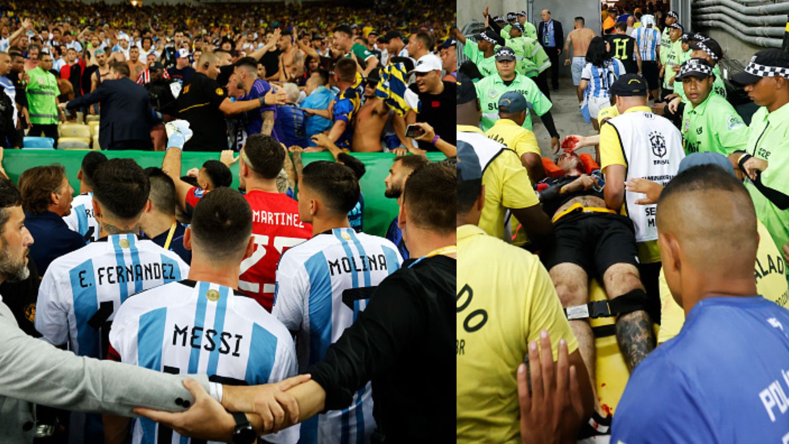 Watch: Brazil police attack Argentina fans during World Cup qualifier, fans bleeding as Lionel Messi and others try to intervene (L) Argentina players checking up on their fans. (R) A fan is injured after clashes between Brazilian and Argentina fans