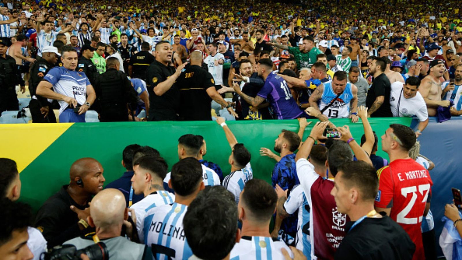 ‘This can’t be tolerated’: Lionel Messi backs Argentina fans after crazy scenes in stands during World Cup qualifier Lionel Messi of Argentina and teammates react as police officers clash with fans prior to a FIFA World Cup 2026 qualifier match between Brazil and Argentina at Maracana Stadium. (Getty Images)