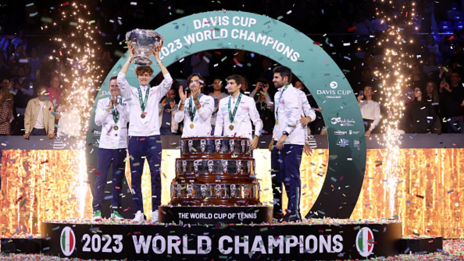 Jannik Sinner leads Italy to first Davis Cup championship in 50 years with victory over Australia Filippo Volandri, Jannik Sinner, Lorenzo Musetti, Matteo Arnaldi, Lorenzo Sonego and Simone Bolelli of Italy lift the Davis Cup Trophy.