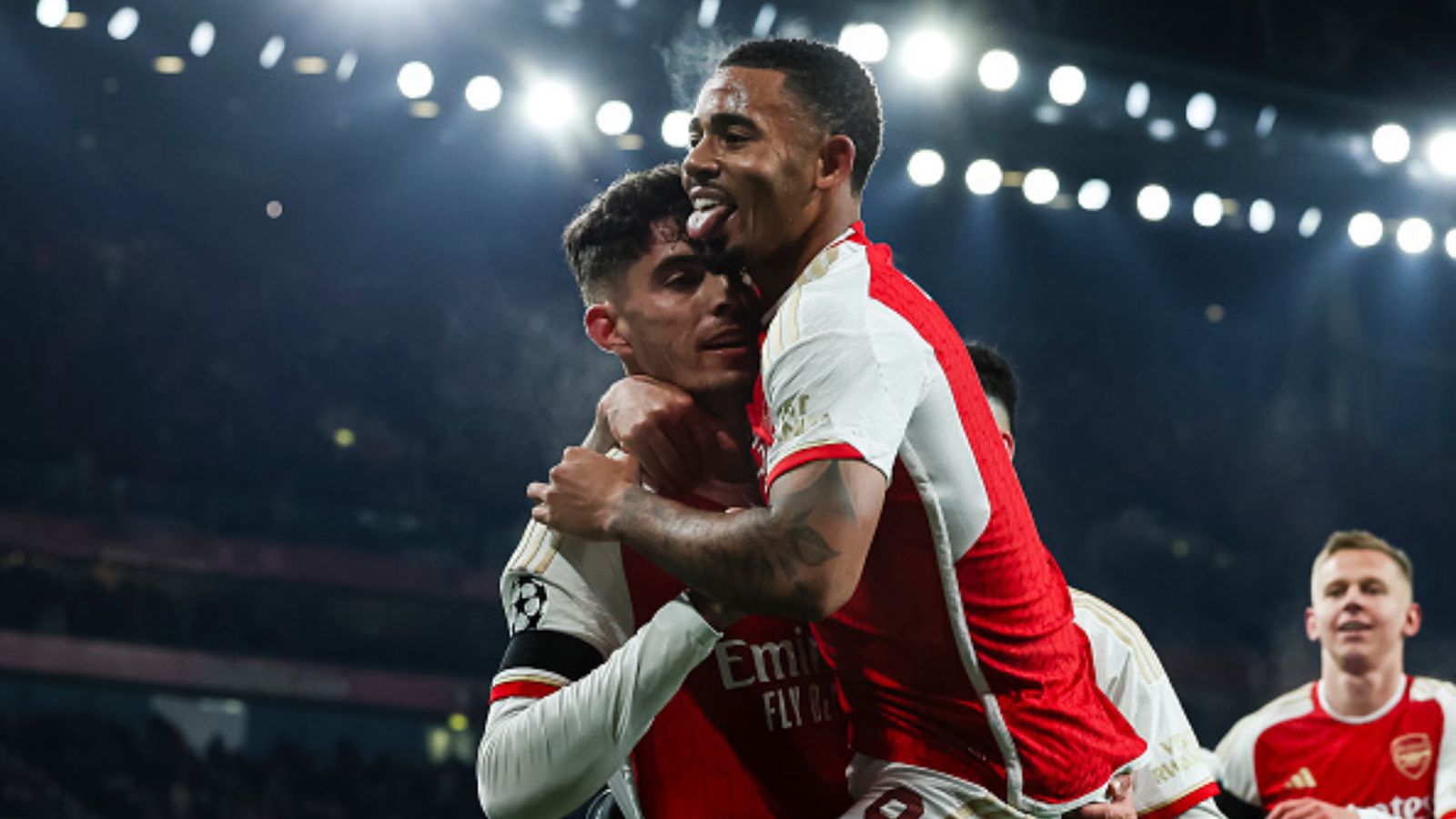 Champions League round-up: Manchester United close to elimination, Arsenal break English record, Bayern held by Danish minnows Arsenal players Kai Havertz and Gabriel Jesus celebrate their goal during the Champions League match against RC Lens at Emirates Stadium in London.