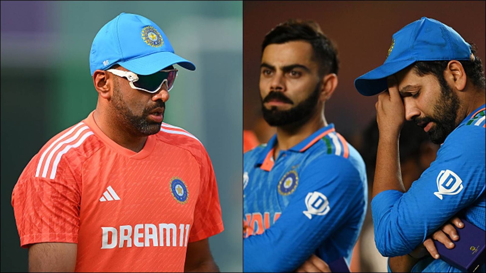 'Rohit and Virat were in tears, seeing it felt bad': R Ashwin reveals what happened in dressing room after World Cup final loss R Ashwin during a practice session; Rohit Sharma and Virat Kohli after India's World Cup 2023 final loss (File Photo: Getty Images)