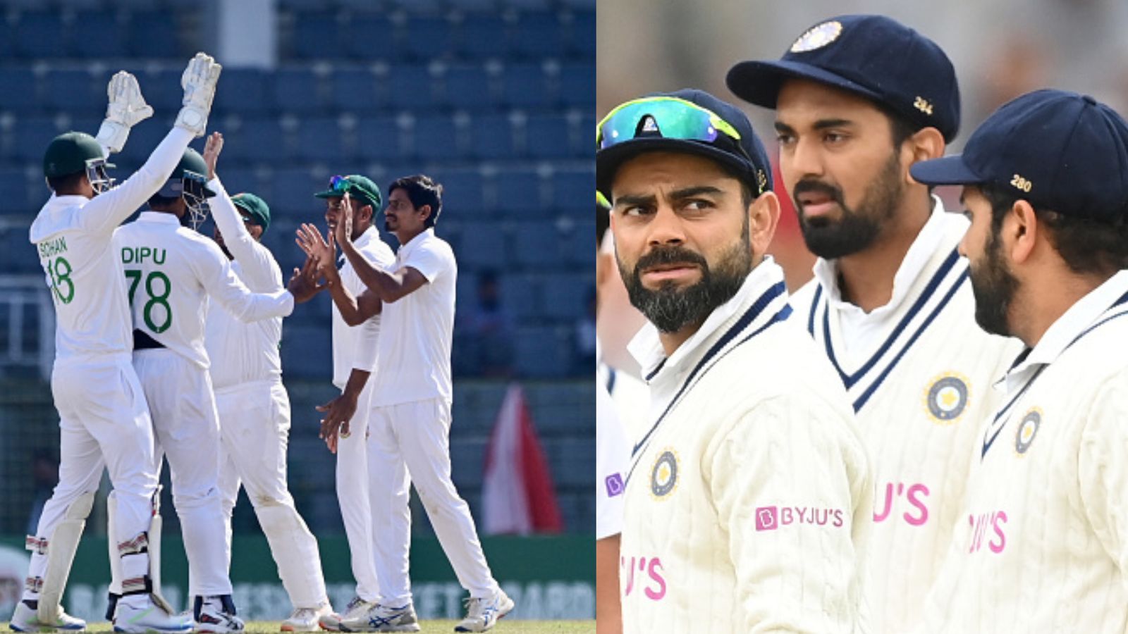 Big Blow to India in WTC 2025 points table after Bangladesh historic win over New Zealand in first Test Left: Bangladesh players celebrate after beating New Zealand in the 1st Test. Right: India's Virat Kohli, KL Rahul and Rohit Sharma in this frame. (Getty)