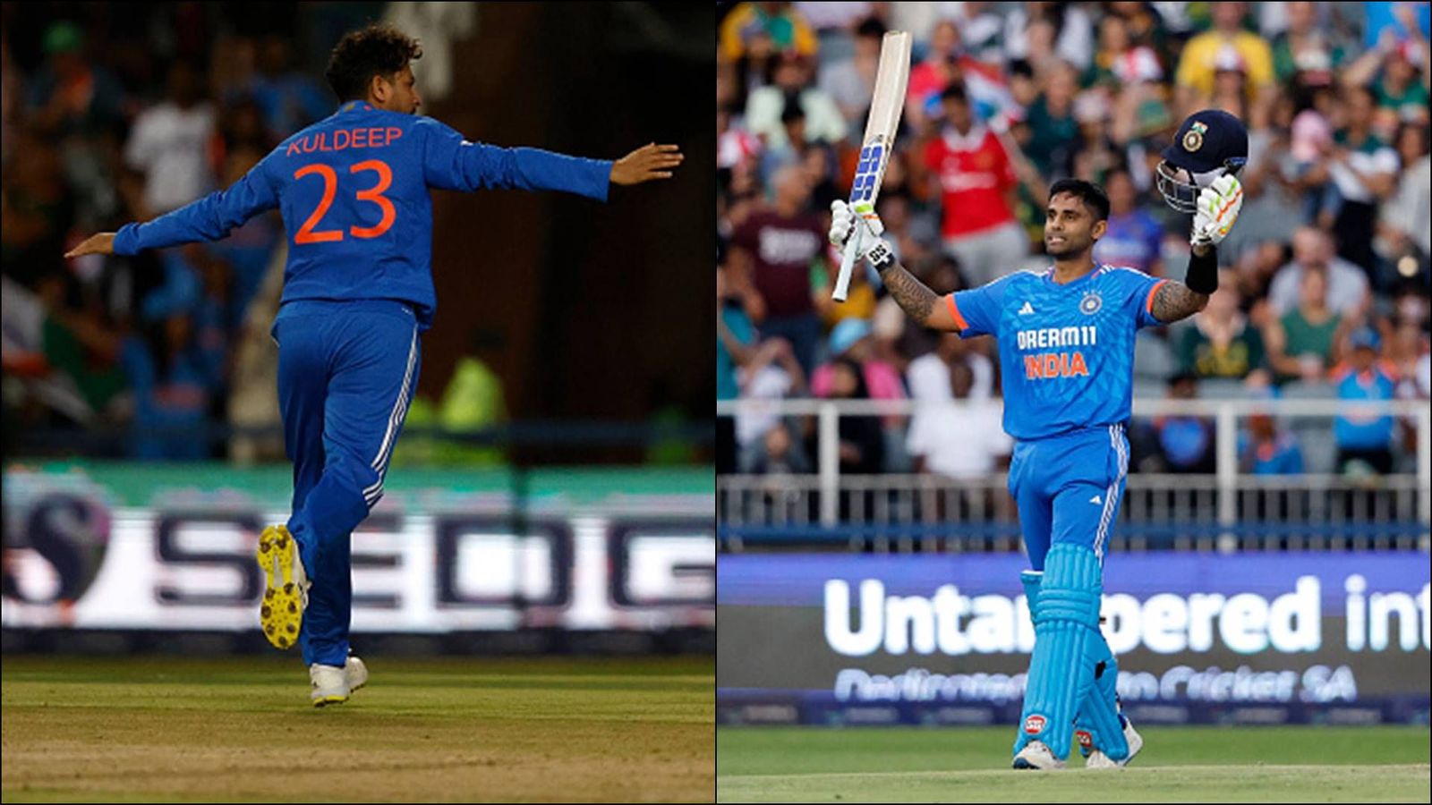 Birthday boy Kuldeep's fifer after Suryakumar's fourth T20I ton helps India humble South Africa with 106-run win, level series 1-1 Kuldeep Yadav celebrates a wicket whereas Suryakumar Yadav celebrates his century in the third T20I against South Africa (Getty Images)