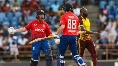 WI vs ENG: With 21 runs needed in 6 balls, Harry Brook weaves his magic and smashes 3 sixes, 1 four to secure thrilling win for England Phil Salt (L) and Harry Brook (R) of England celebrate winning the 3rd T20I between West Indies and England.