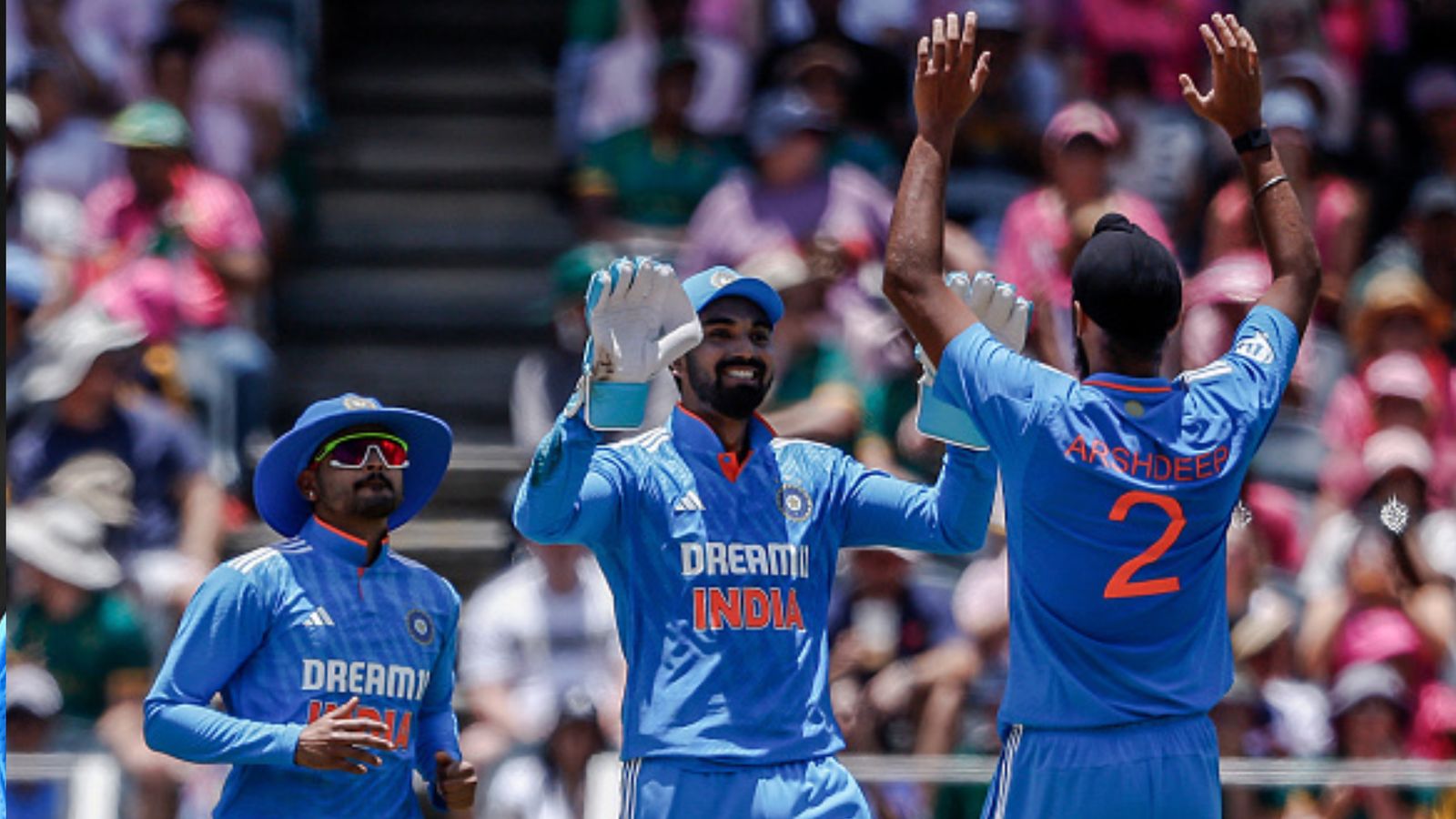IND vs SA: KL Rahul shatters MS Dhoni's stunning record with emphatic win over South Africa in 1st ODI India's Arshdeep Singh (R) celebrates with teammates after dismissing South Africa's Andile Phehlukwayo (unseen) during 1st ODI on December 17, 2023. (Getty)