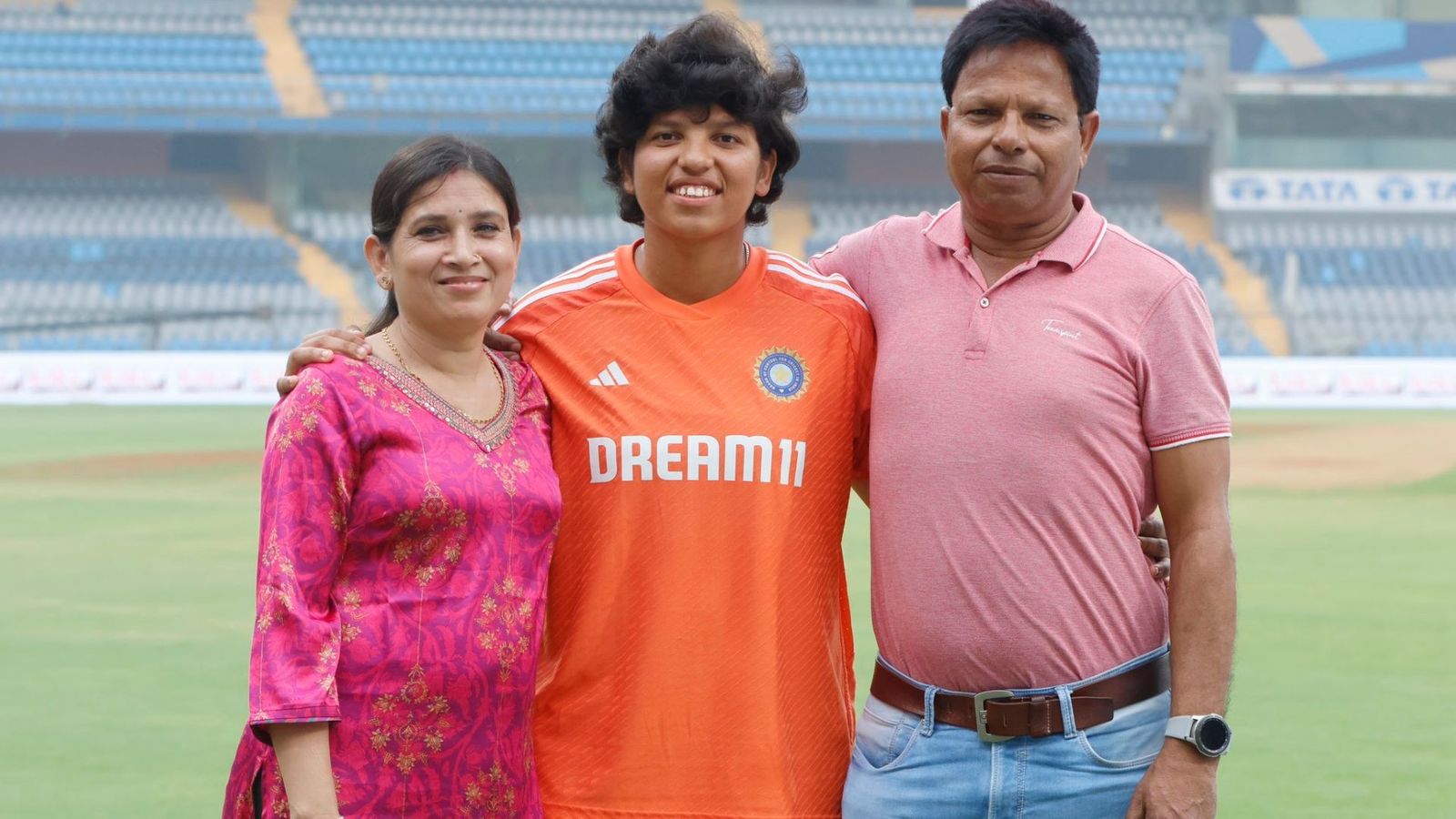 ‘Couldn't have done it without them’: Richa Ghosh expresses gratitude to parents after Test debut vs Australia Richa Ghosh with her parents. (Photo Courtesy: Twitter)