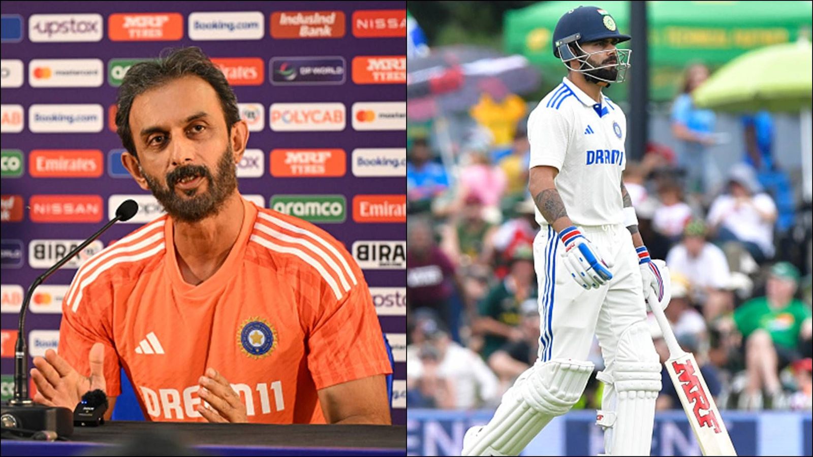 'I don't think he needs a lot of practice': India batting coach feels Virat Kohli’s absence in intra-squad game didn’t affect him Vikram Rathour during a press conference (left), Virat Kohli after losing his wicket to Kagiso Rabada (Getty Images)