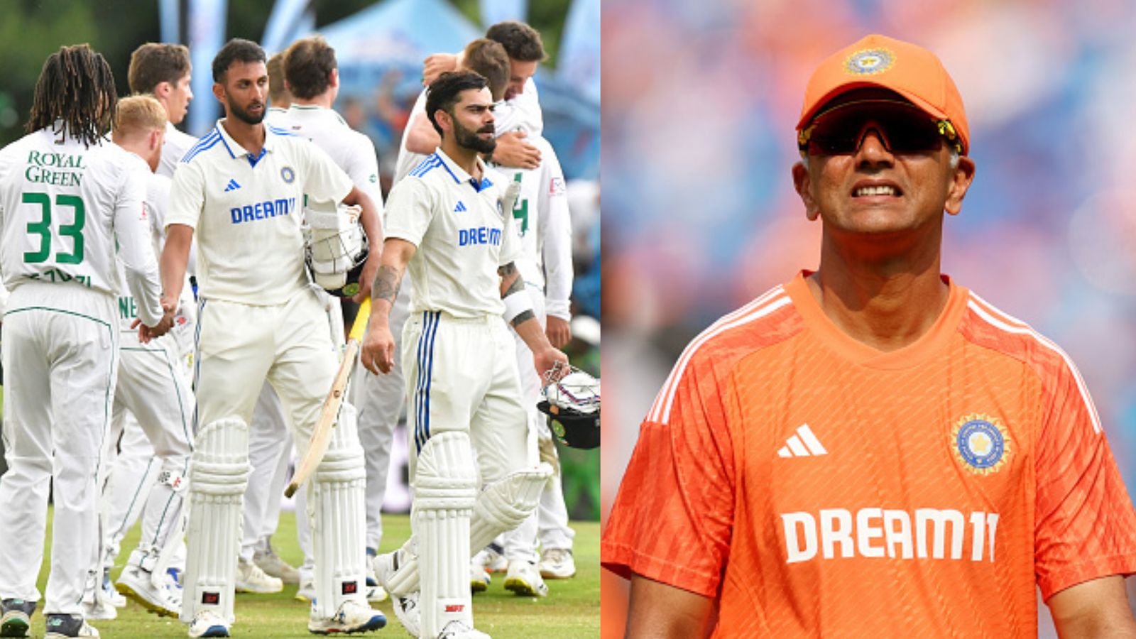 Pressure mounts on coach Rahul Dravid as Team India's SENA Test record takes a blow following SA's big win in Centurion Left: India's Virat Kohli and Prasidh Krishna shake hands with South African players after being defeat in 1st Test. Right: India's head coach Rahul Dravid. (Getty)