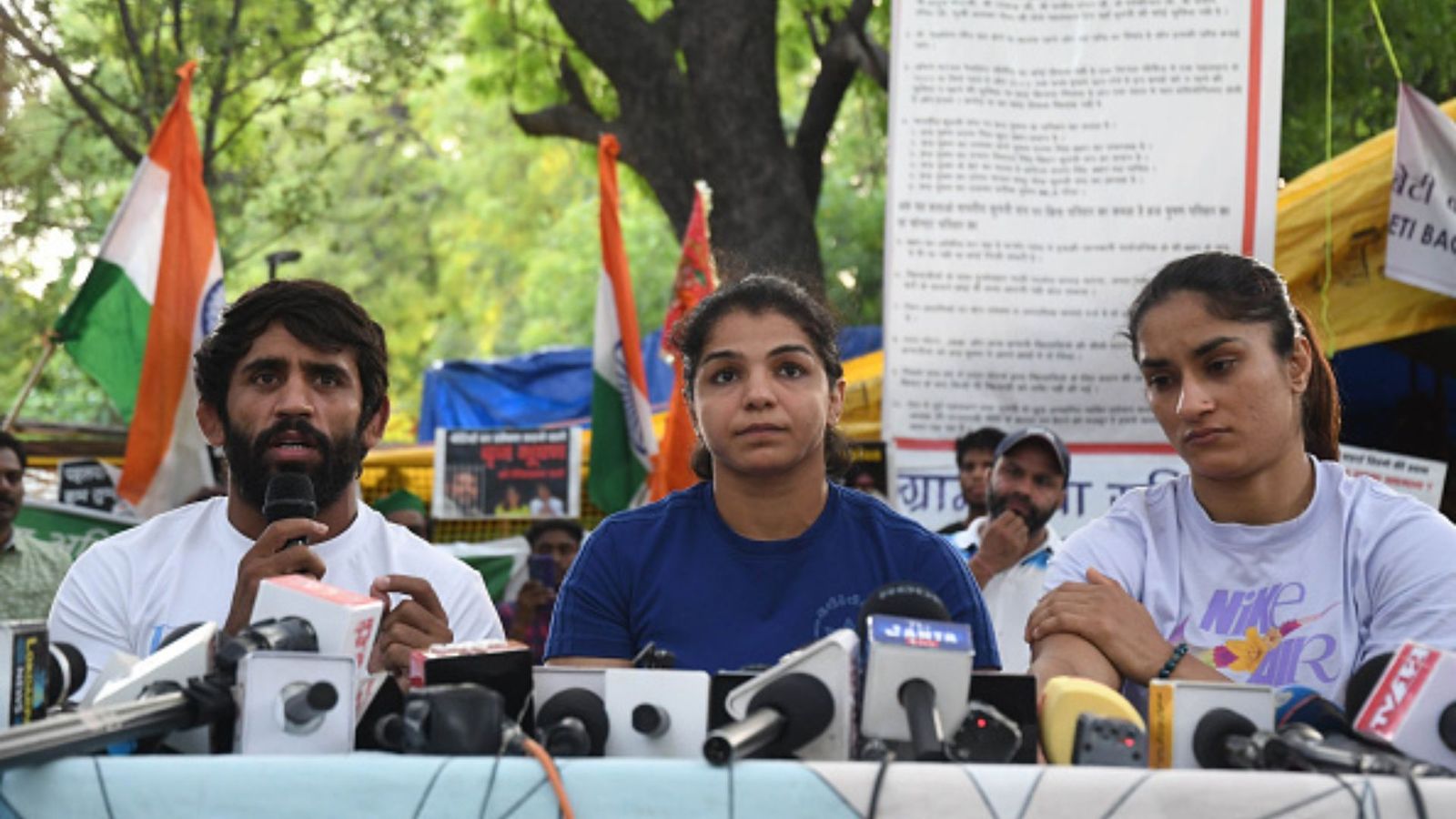 Turmoil in Indian wrestling escalates as scores of junior wrestlers stage protest against Bajrang Punia, Sakshi Malik and Vinesh Phogat Wrestlers Bajrang Punia, Sakshi Malik and Vinesh Phogat addressing a press conference.