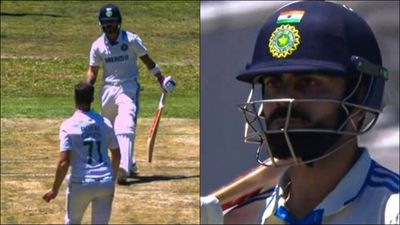 Watch: Nandre Burger shows aggression in follow-through by threatening to hit the stumps, here’s how Virat Kohli reacted Virat Kohli reacts to Nandre Burger threatening to throw the ball on to the stumps (Screengrab: X)