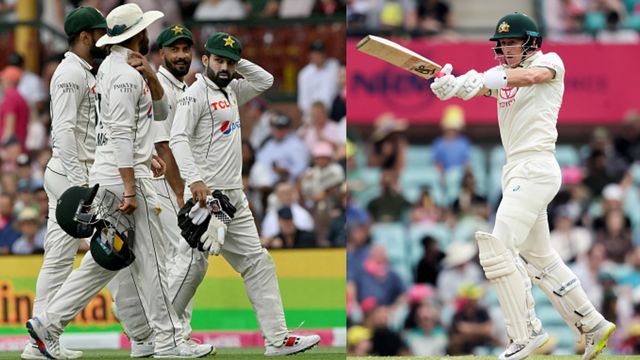 AUS vs PAK: Australia 116/2 after rain forces early stumps with just 46-over game on Day 2, trail Pakistan by 197 runs Left: Pakistan's players walk off the field as the play stopped due to bad light on 2nd Day of the third Test against Australia. Right: Australia's Marnus Labuschangne in action. (Getty)