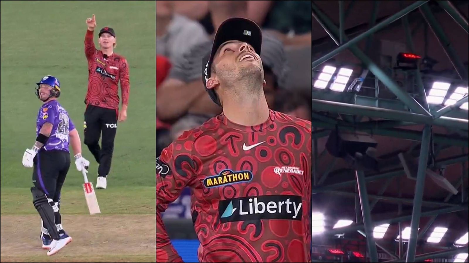 Australian opener hits the ball so high it gets stuck in the stadium's roof but umpire signals six, watch bizarre video Australian opener hits the ball so high it gets stuck in the stadium's roof but umpire signals six, watch bizarre video