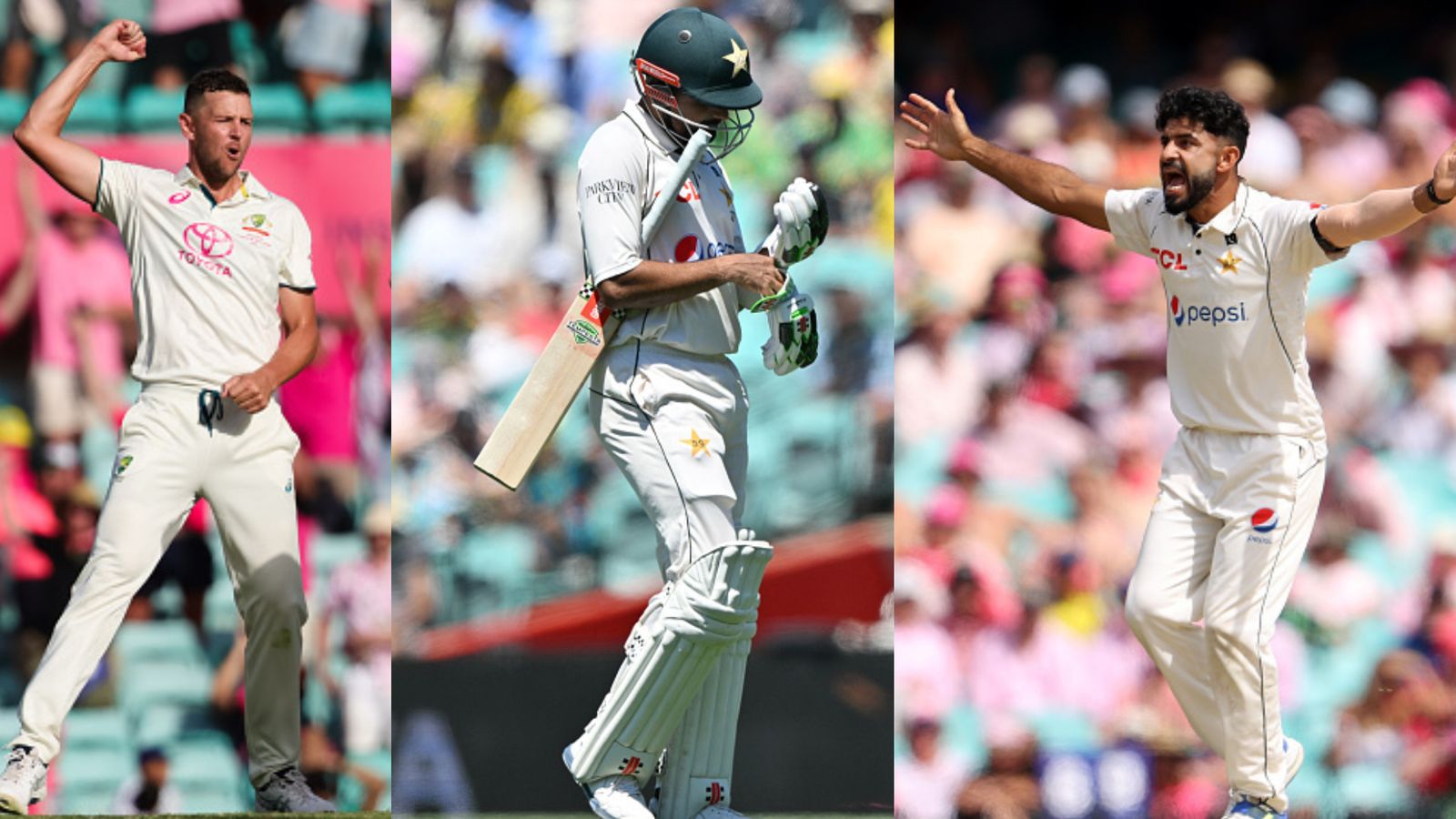 AUS vs PAK: Josh Hazlewood's 4-fer dampens Aamir Jamal's 6-wicket haul as Australia sniff whitewash after Pakistan's batting fiasco Australia's Josh Hazlewood (left), Pakistan's Babar Azam (centre) and Aamir Jamal in this frame. (Getty)