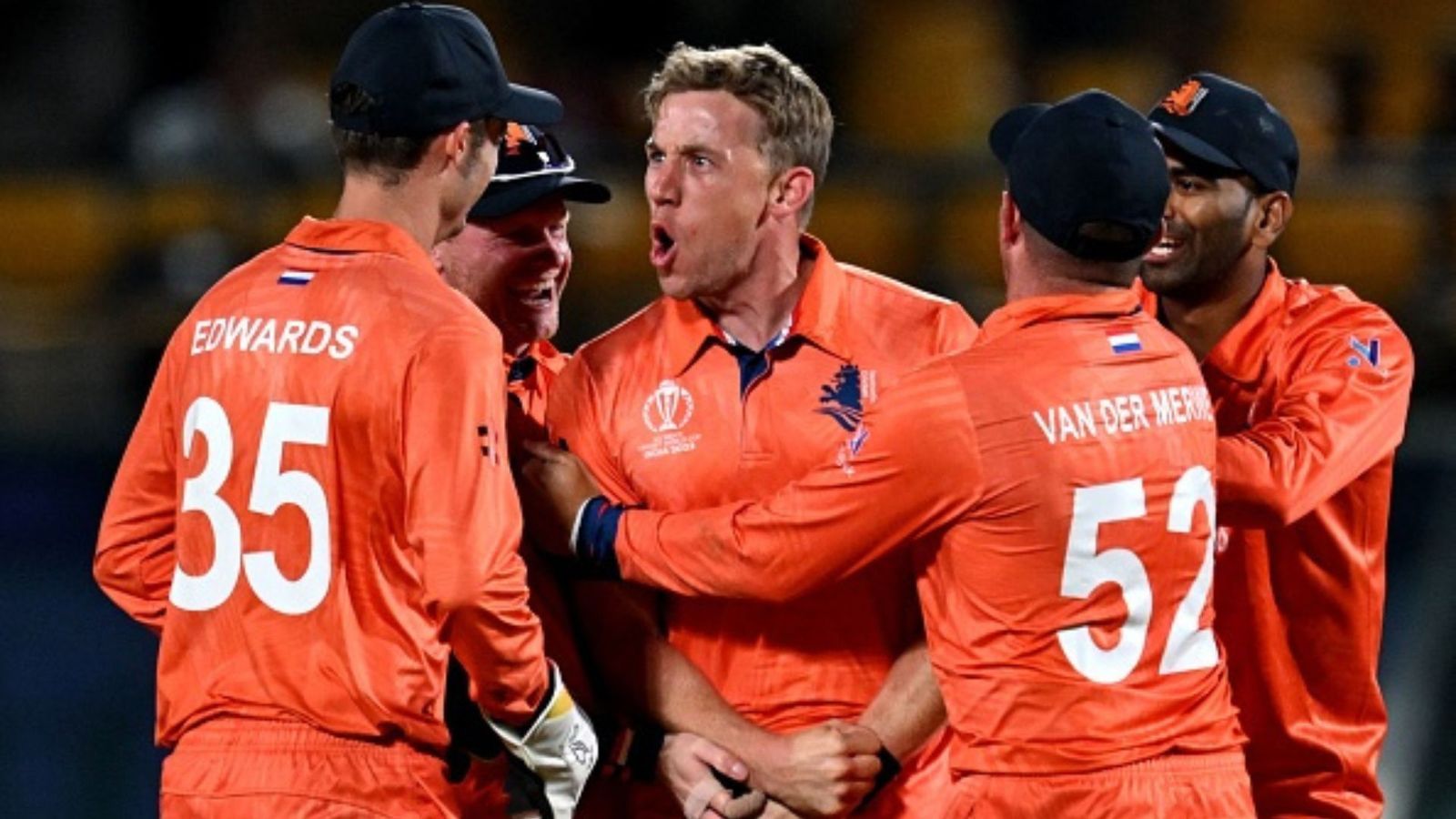 Netherlands, Namibia set to play against SA20 teams in warm-up matches ahead of T20 World Cup Netherlands' Logan van Beek (C) celebrates with teammates after taking the wicket of South Africa's David Miller. (Getty Images)