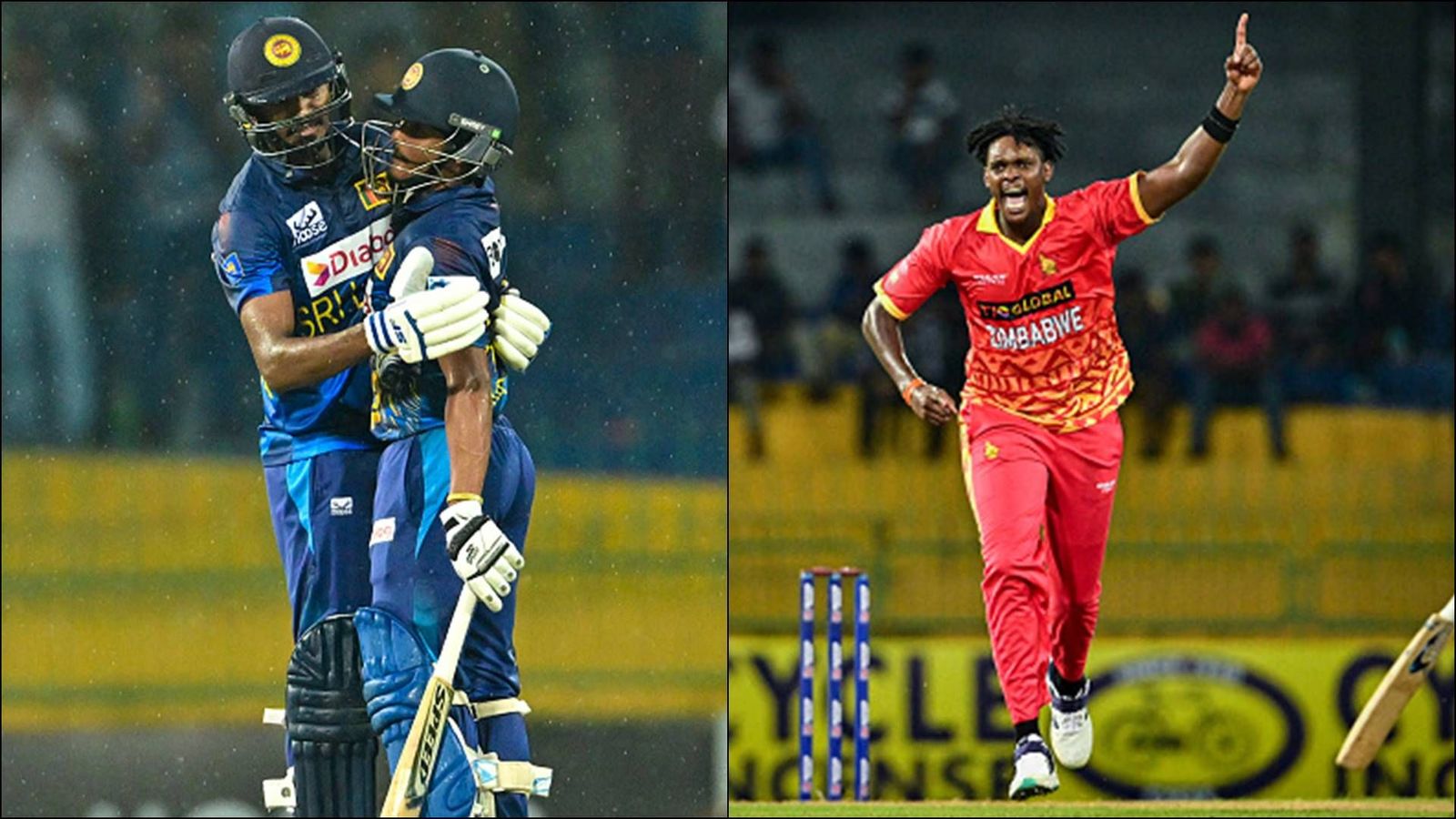 ZIM vs SL: Tailenders guide Sri Lanka to narrow 2-wicket win over Zimbabwe after Liyanage's gutsy 95 as Ngarava's fifer goes in vain Dushmantha Chameera and Jeffrey Vandersay celebrate Sri Lanka's win (left); Richard Ngarava celebrates a wicket (Getty Images)