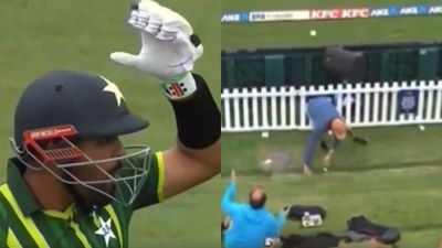 Watch: Babar Azam's reaction goes viral after his six gives major injury scare as ball hits spectator during 3rd T20I Babar Azam's six hit a spectator in the stand during 3rd T20I between New Zealand and Pakistan.