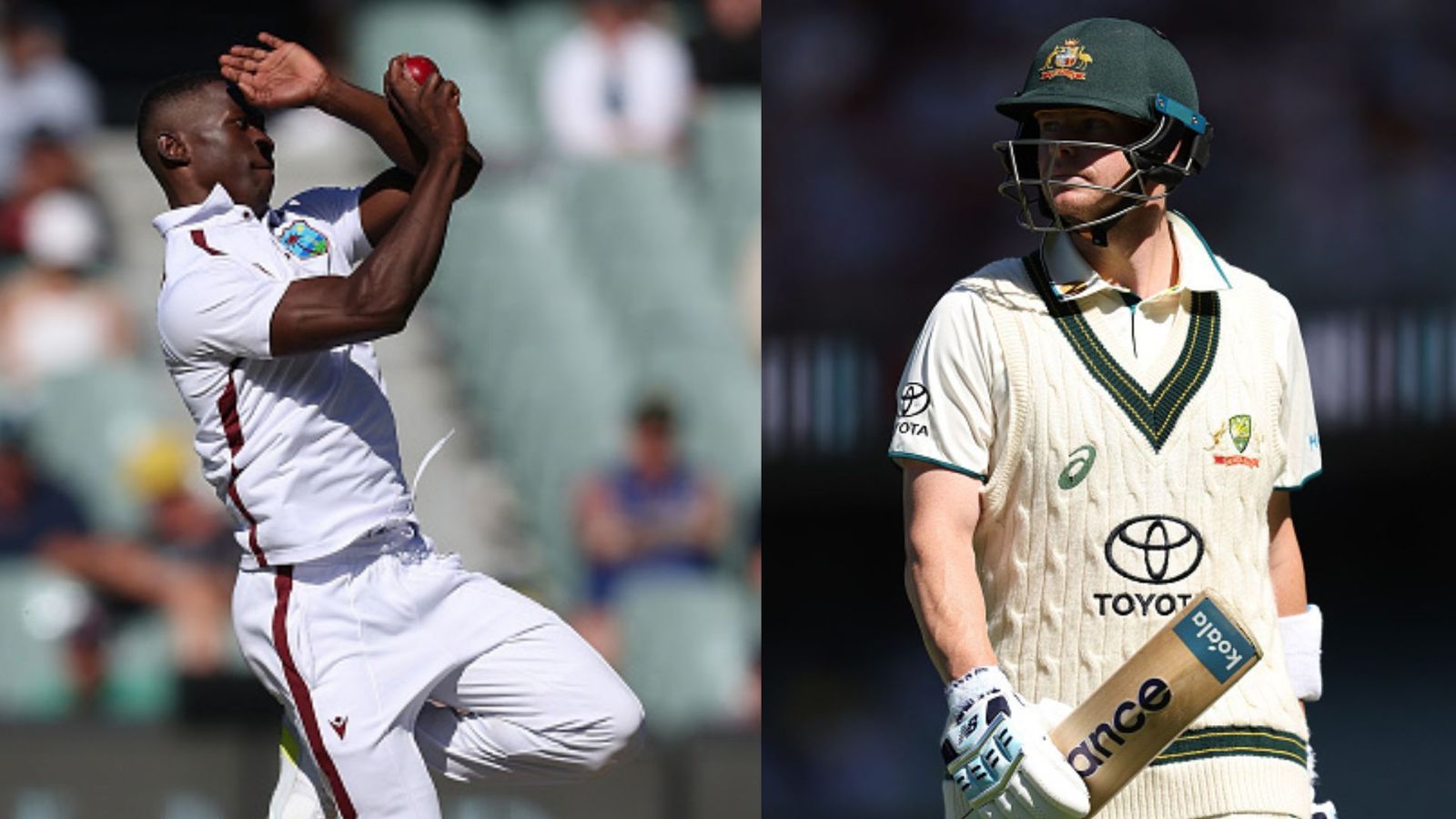 AUS vs WI: Steve Smith stutters in 1st outing as opener in Tests as debutant Shamar Joseph strikes in first ball of his career Shamar Joseph of the West Indies bowls (Left) and Steve Smith of Australia walks off the field. (Getty Images)