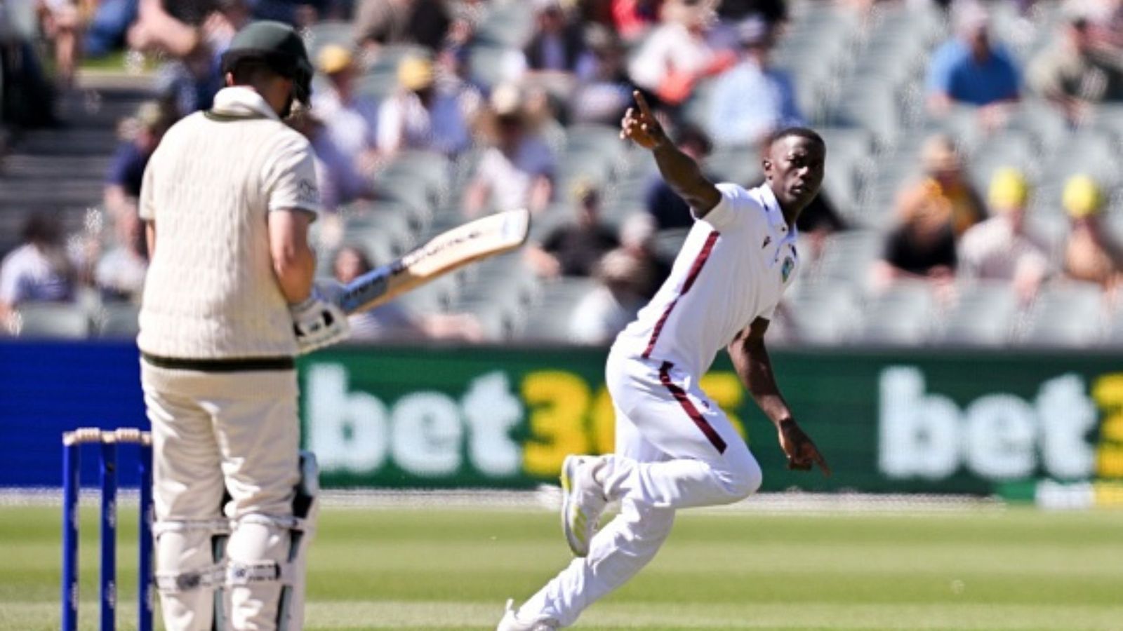 AUS vs WI: Debutant Shamar Joseph lights up Adelaide on debut as action-filled Day 1 ends with Australia at 59/2, trail West Indies by 129 runs West Indies Shamar Joseph (L) celebrates after taking the wicket of Australian Steve Smith (R).