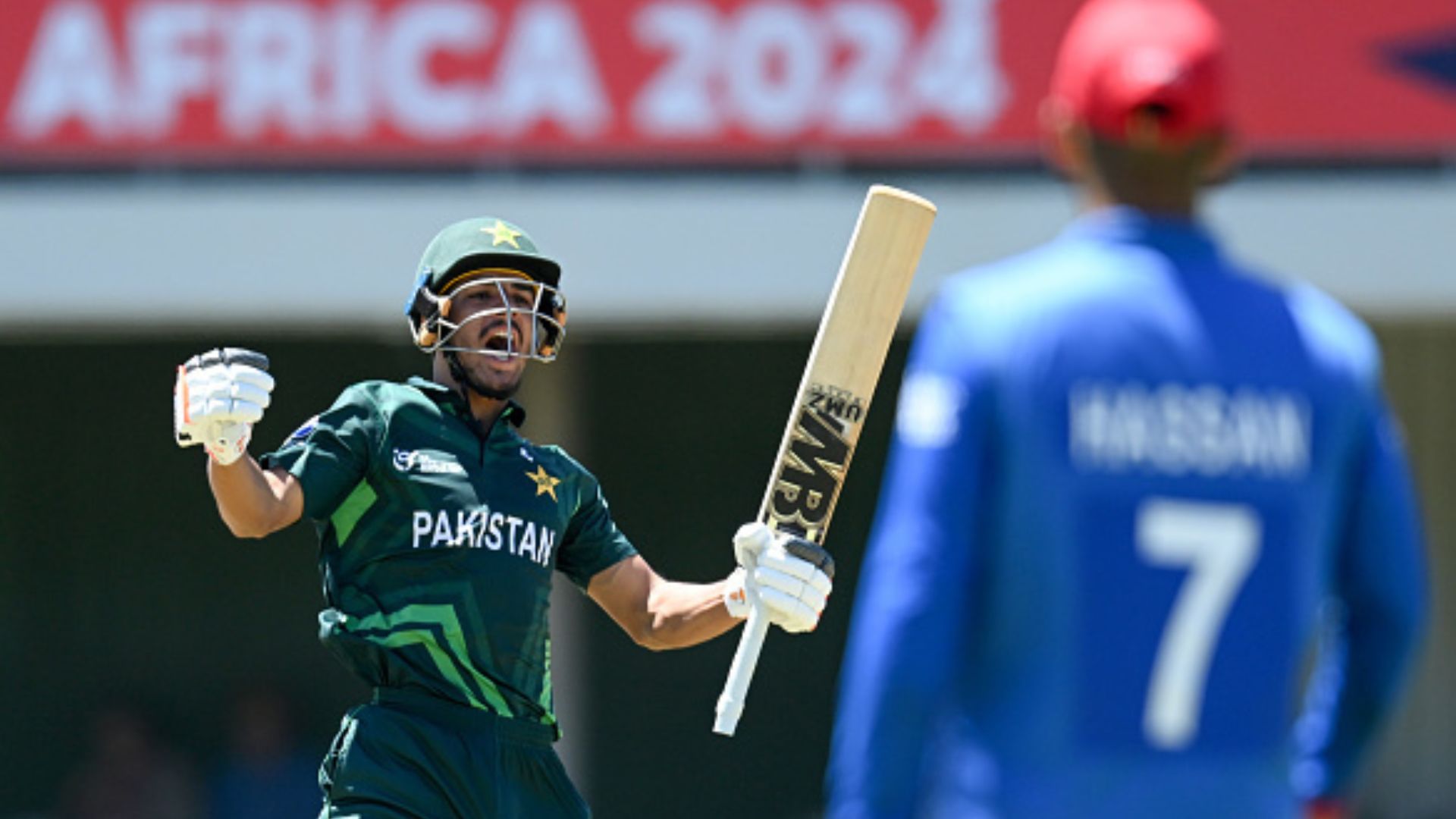 U-19 World Cup: Shahzaib Khan's ton, Ubaid Shah's 4-fer help Pakistan make mincemeat of Afghanistan by 181 runs Pakistan's Shahzaib Khan celebrates after reaching his century during the ICC U19 Men's World Cup 2024 match against South Africa at Buffalo Park on January 20. (Getty)