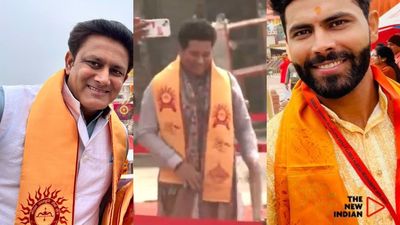 WATCH: Sachin Tendulkar and other cricket stars arrive in Ayodhya for Ram temple 'Pran Pratishtha' ceremony, but Rohit Sharma absent Anil Kumble (L), Sachin Tendulkar (C) and Ravindra Jadeja (R).