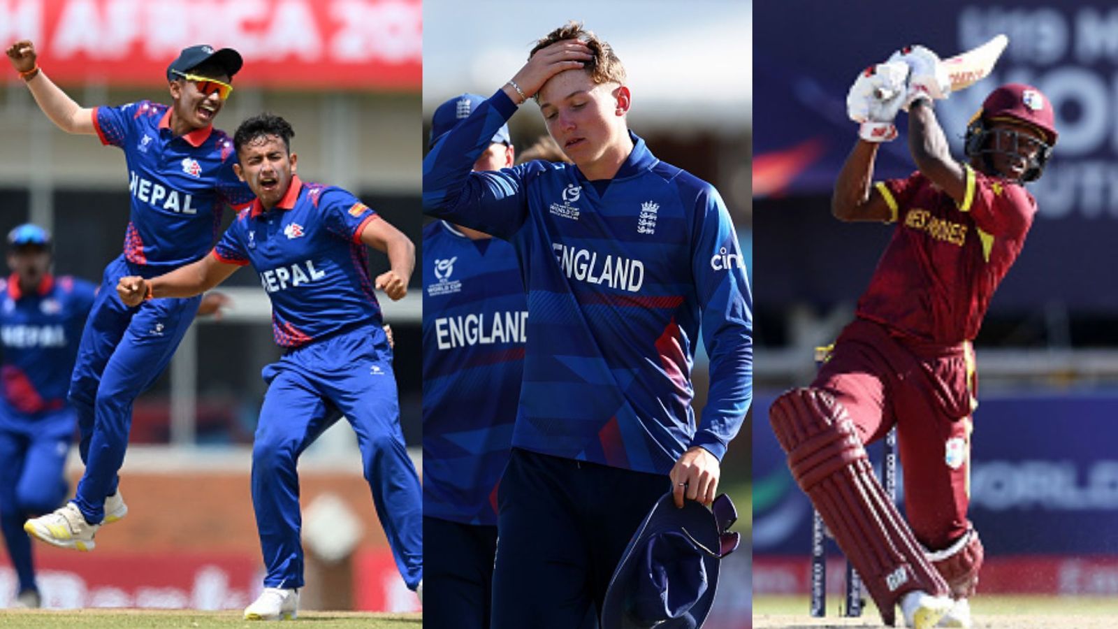 Under-19 World Cup: Nepal land big upset to knock out Afghanistan with thrilling 1-wicket win, West Indies rock England Players from Afghanistan (left), England and West Indies in this frame. (Getty)