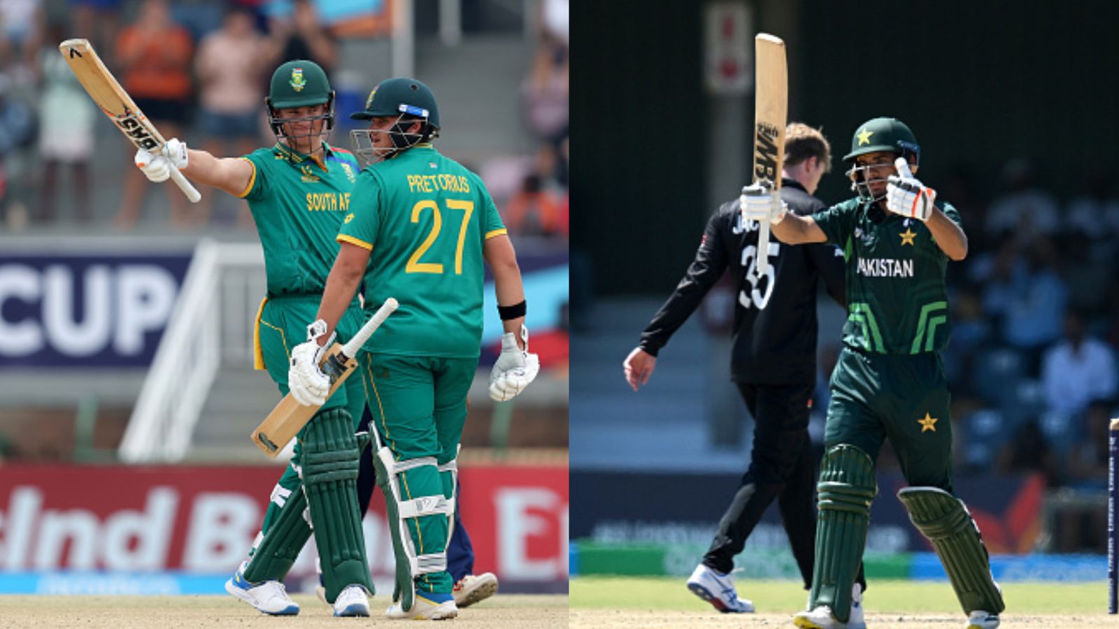 U-19 World Cup: SA batter shatters Rishabh Pant's 8-yr-old record with fastest fifty to thrash Scotland; Pakistan, Zimbabwe excel South Africa's Steve Stolk (left) and Pakistan's Shahzaib Khan celebrate in this frame. (Getty)