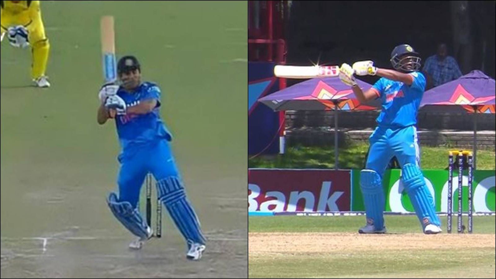 Watch: Musheer Khan recreates MS Dhoni's iconic helicopter shot during 131-run knock vs New Zealand in Under-19 World Cup 2024 MS Dhoni and Musheer Khan playing helicopter shots (Screengrab: X)