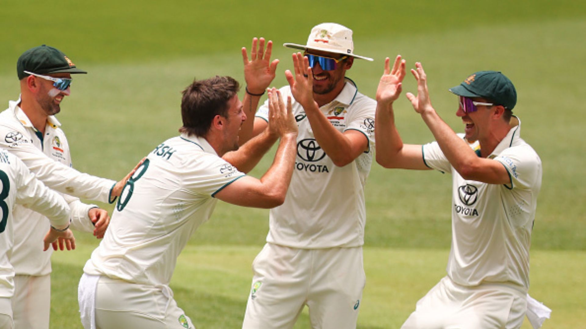 Australian star outshines Pat Cummins to claim Allan Border Medal, becomes first all-rounder to achieve this feat since Shane Watson  Mitch Marsh of Australia celebrates his wicket with Pat Cummins and Mitchell Starc of Australia. (Getty Images)