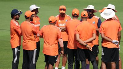 Rohit Sharma's Team India engages in special practice session to counter England's sweep tactics in 2nd Test in Visakhapatnam Team India in a huddle during their practice session ahead of second Test against England. (BCCI)