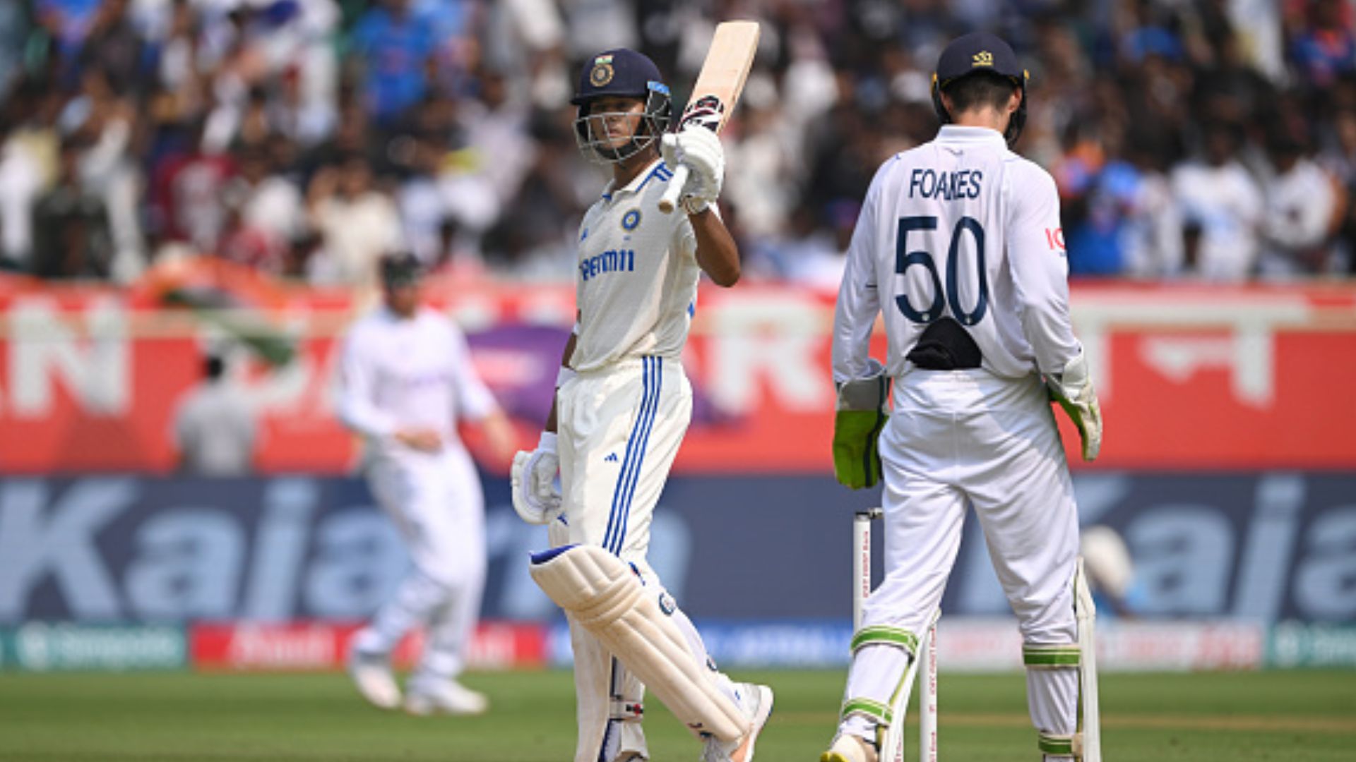 India's star opener Yashasvi Jaiswal celebrates after scoring a century against England in the 2nd Test on February 2. (Getty)