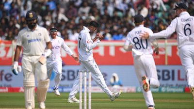 Watch: Shoaib Bashir makes Rohit Sharma his maiden wicket during India vs England 2nd Test England bowler Shoaib Bashir celebrates his first test wicket, that of Rohit Sharma during day one of the 2nd Test Match against India. (Getty Images)