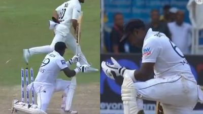 WATCH: Months after infamous 'timed out' dismissal, Angelo Mathews gets out in bizarre fashion again in SL vs AFG's one-off Test Angelo Mathews reacts after his dismissal during one-off Test between Sri Lanka and Afghanistan. (Screengrab)