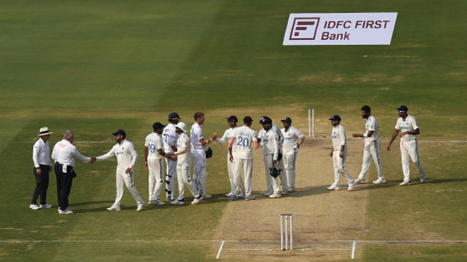 Neither Jasprit Bumrah nor Shubman Gill, Michael Vaughan declares this India superstar as England's biggest threat ahead of 3rd Test Players and umpires shake hands after India won the 2nd Test against England on February 5. (Getty)